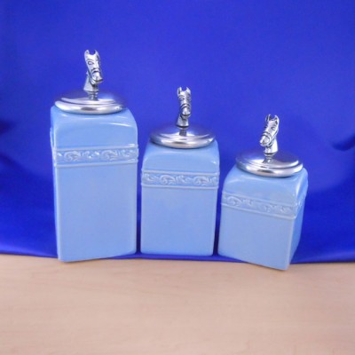 60001BLUE-HORSE-SIL-CERAMIC CANISTER SET BLUE W/ HORSE SILVER LIDS
